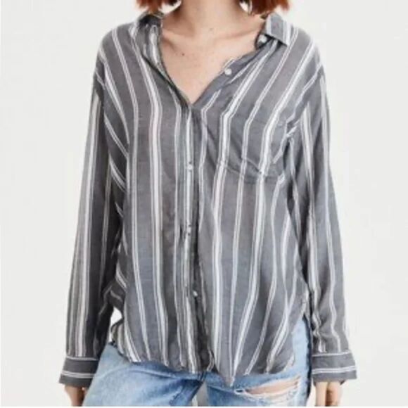 American Eagle Grey White Striped Button Down Oversized‎ M - Picture 1 of 9